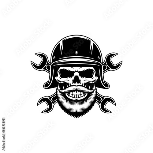Black and white vector illustration of a bearded skull wearing a vintage motorcycle helmet and goggles with crossed wrenches behind it. Ideal for biker and garage logos.