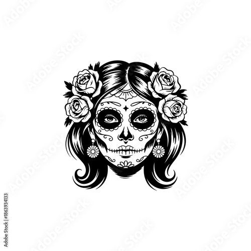 Black and white vector of a woman with Catarina sugar skull makeup and roses in her hair. Ideal for Dia de los Muertos celebrations and stock design.