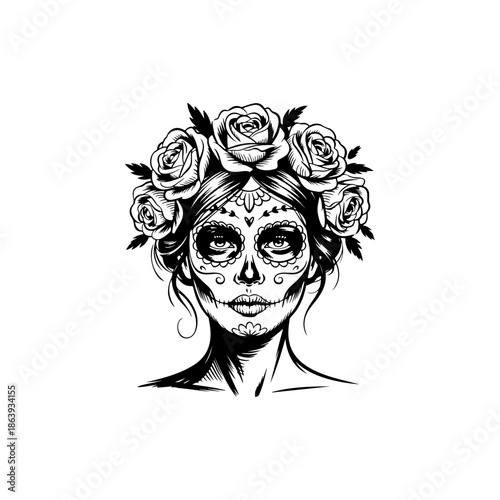 Black and white vector of a woman with Catarina sugar skull makeup and roses in her hair. Ideal for Dia de los Muertos celebrations and stock design.