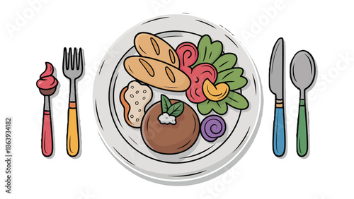 Culinary Creation: An appetizing plate of artfully arranged food and cutlery evokes the joy of a meticulously crafted meal.