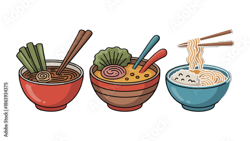 Diverse Ramen Delights: A colorful illustration showcasing three distinct bowls of ramen, each artfully presented with chopsticks and garnishes.