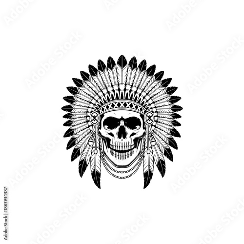 black and white vector of a human skull wearing a traditional Native American feathered war bonnet headdress with beaded accents and intricate line work.
