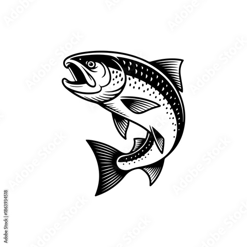 black and white vector icon of a jumping salmon featuring intricate scale patterns and fins. Perfect for seafood branding or fly fishing logos.