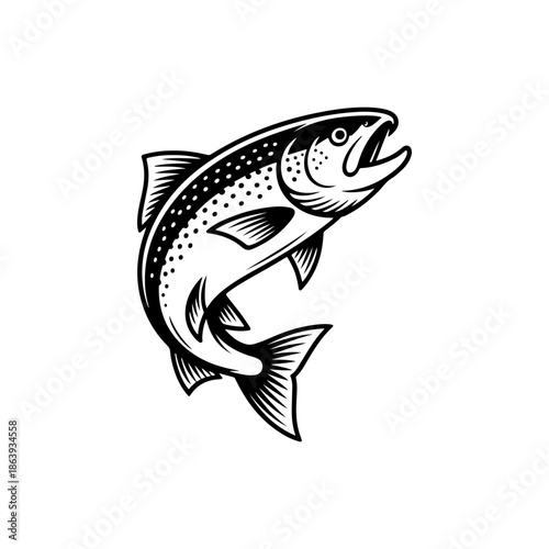 black and white vector icon of a jumping salmon featuring intricate scale patterns and fins. Perfect for seafood branding or fly fishing logos.