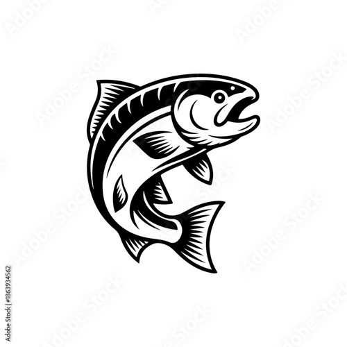 black and white vector icon of a jumping salmon featuring intricate scale patterns and fins. Perfect for seafood branding or fly fishing logos.