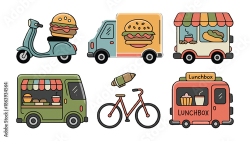 Fast Food Delivery: A collection of quirky illustrations showcases diverse modes of transport for delivering delicious fast food, capturing the essence of modern culinary convenience.
