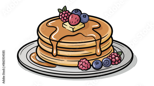 Sweet Stack: A tempting stack of golden pancakes, drizzled with syrup and adorned with fresh berries and a pat of butter, rests on a plate, ready to delight.