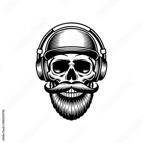 Detailed vector illustration of a bearded skull wearing a baseball cap and headphones. Perfect for music-themed branding, DJ logos, or barbershop graphics.