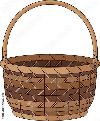 Handwoven wicker basket illustration, traditional rattan storage container with sturdy handle, isolated brown craft design, rustic home decor object accessory