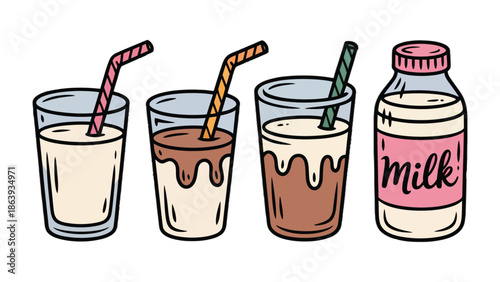 Milk and Flavored Drinks in Glass and Bottle: A refreshing composition of glasses and a bottle, showcasing the delightful variety of milk and flavored drinks.