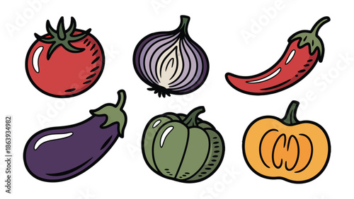 Fresh Produce Collection: An array of colorful, freshly drawn vegetables. Showcasing the variety of essential produce, inviting viewers to explore the richness of healthy eating.