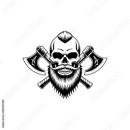 Powerful vector illustration of a bearded Viking skull with braided facial hair and two crossed battle axes. Fierce warrior-themed design for logos and apparel.