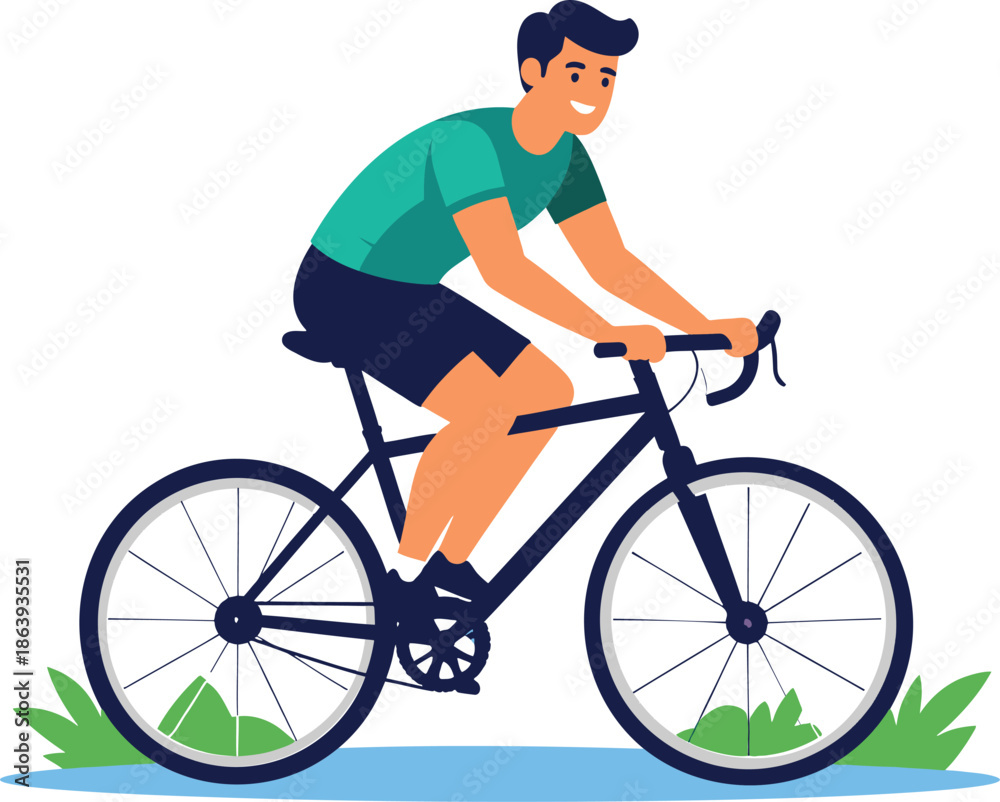 Fototapeta premium Man riding blue bicycle through green landscape with joyful smile