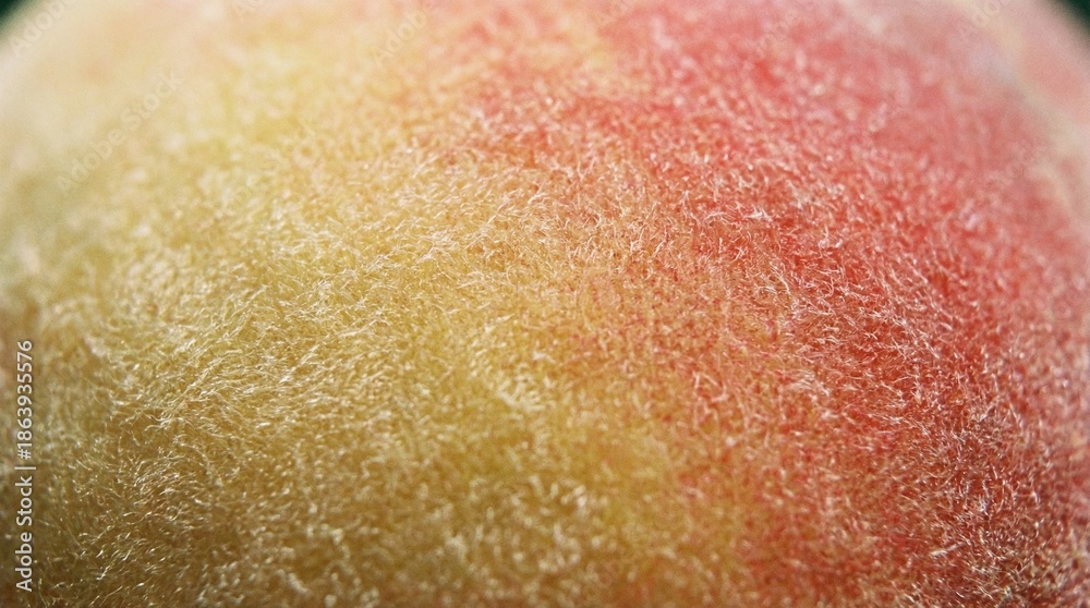 Fototapeta premium Macro Photography of Fresh Peach Skin Showing Soft Fuzz and Vibrant Red and Yellow Texture