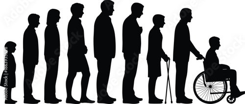 Human life stages silhouette progression, aging process concept, childhood to elderly journey, disability inclusion, wheelchair assistance, black white vector i