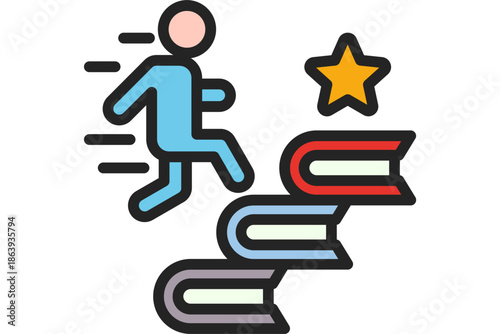 A person running up a staircase with a star above