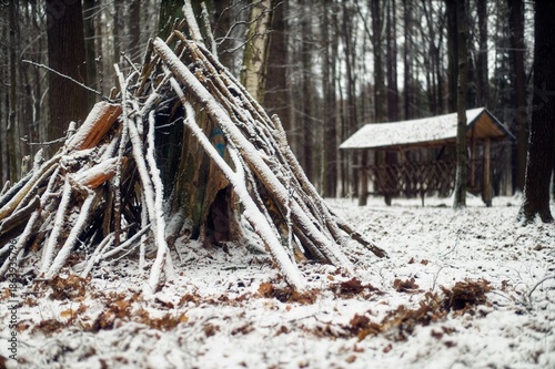 Wallpaper Mural A handmade lean-to shelter built from wooden branches against a tree trunk in a snow-covered deciduous forest. Torontodigital.ca