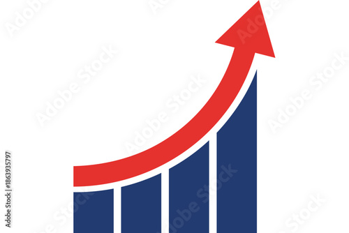 A blue bar graph with a red arrow pointing upwards indicating growth and progress in a business or financial context from a straightforward viewpoint