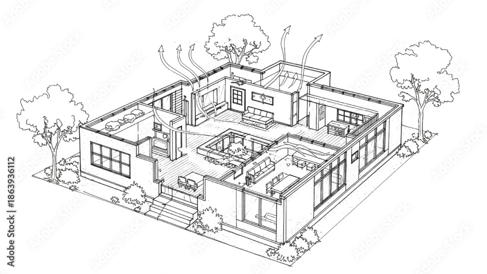 Fototapeta premium High-Quality Black Continuous Line Art of Eco-Friendly Home Layout with Natural Ventilation and Cross Airflow