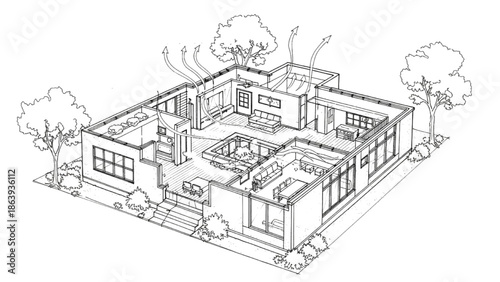High-Quality Black Continuous Line Art of Eco-Friendly Home Layout with Natural Ventilation and Cross Airflow