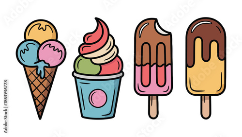 Ice Cream Treats: A vibrant collection of ice cream, cones, and popsicles. Showcasing a delightful array of frozen desserts, perfect for summer.