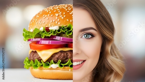 A cute gorgeous 20-year-old white girl whose half face is a burger
