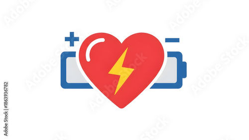 Vibrant heart with lightning bolt and battery icon representing strong vital health and life energy isolated on white background, Vector