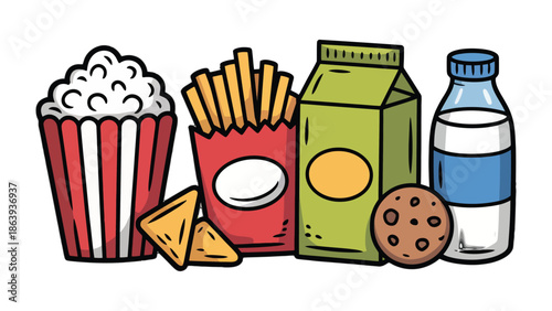 Assorted Delight: A vibrant illustration showcasing a delightful selection of food and beverage favorites, perfect for snack time and moments of indulgence.