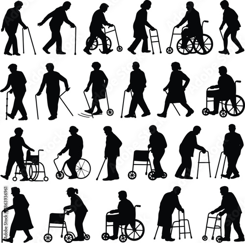 Mobility aid silhouettes, wheelchair users, cane walkers, disabled people vector, accessibility icons, inclusive design, black outline, support movement graphic