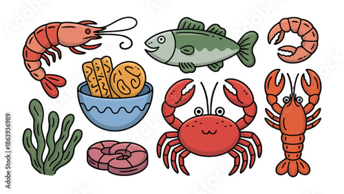 Sea Delights Collection: A vibrant assortment of delicious seafood and marine elements, inviting exploration of the underwater culinary world.