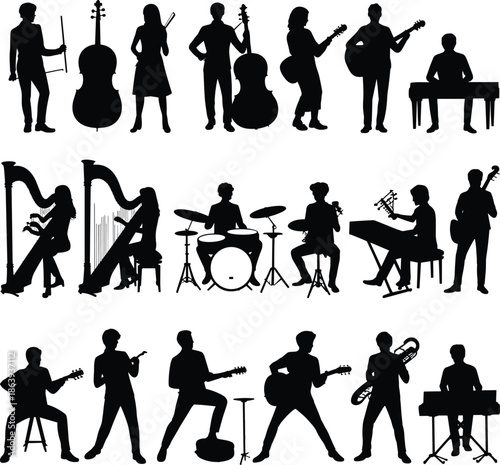 Musician silhouette vector, playing instruments, guitar, drums, cello, trumpet, harp, black outline, performance pose, music art, concert scene