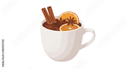 Cozy mug of spiced hot chocolate with cinnamon and orange slices