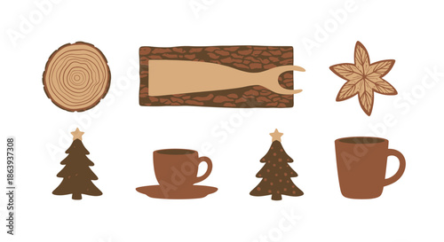 Cozy winter elements with Christmas trees and hot drinks