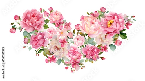 Wallpaper Mural Watercolor Floral Heart Wreath with Pink Peonies and Roses. Romantic Valentine's Day or Wedding Clipart. Watercolor peonies form a heart-shaped floral arrangement. Torontodigital.ca