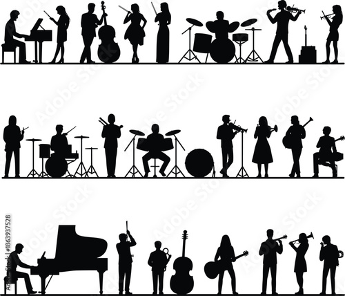 Orchestra musician silhouettes performing jazz classical band concert instruments isolated black vector illustration set for music education design projects icons