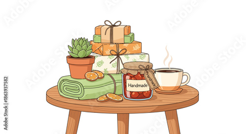 Cozy morning setup with handmade gifts and refreshments on wooden table