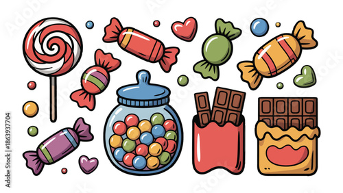 Sweet Assortment: A colorful array of sweet treats, from a swirly lollipop to wrapped candies and chocolate, arranged playfully.