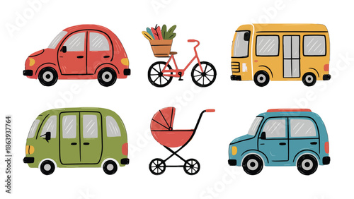 Vehicles assortment: A diverse collection of vehicles, each a symbol of mobility and daily life, presents a charming ensemble. Illustrated with bold lines and cheerful colors.