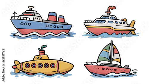 Nautical Collection: A vibrant assortment of maritime vessels set sail, showcasing a cruise ship, speedboat, submarine, and sailboat each cruising on tranquil waters.