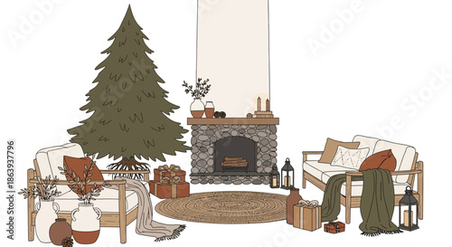 Cozy living room with Christmas tree and decorated fireplace