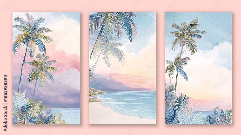 Obraz premium wedding invitation set with beach tropical palm tree watercolor landscape.