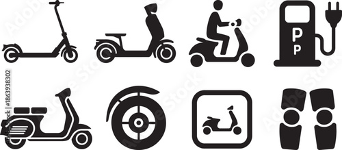 Electric scooter urban transport icons set mobility moped riding safety gear charging station symbols