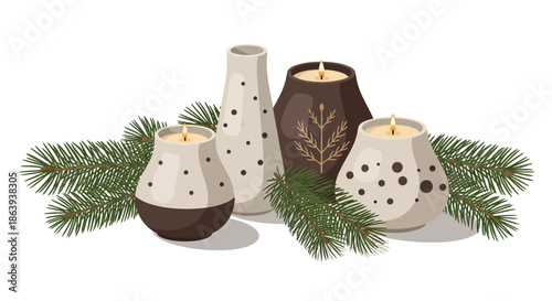 Cozy winter scene with candles and pine branches