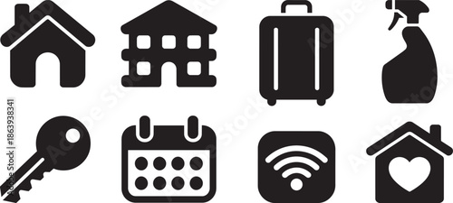 Icons for travel lodging and home comfort featuring housing cleaning calendar and connectivity symbols