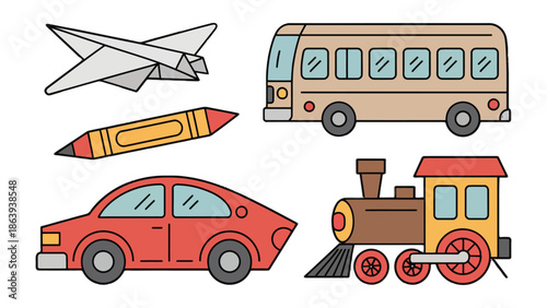 Transportation Compilation: An illustrated collection of essential transport elements: a paper airplane, vibrant crayon, iconic red car, sturdy bus, and vintage train.