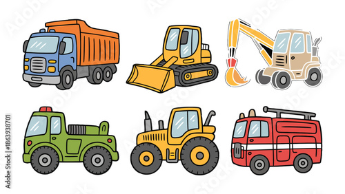 Colorful fleet of Construction Vehicles: A vibrant collection of various construction vehicles stand side by side, showcasing their unique functions and roles in the world of infrastructure. 