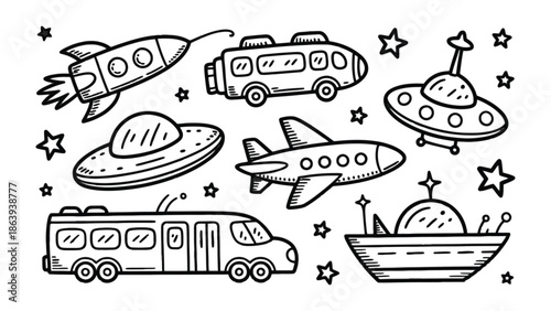 Hand-Drawn Space Transport: whimsical sketch features a rocket, airplanes, spaceship, and buses, all adorned with intricate details and a playful charm.