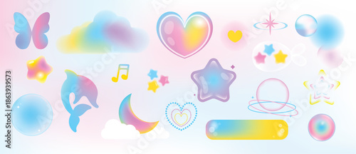 Happy valentine's Day Y2K blurred gradient element vector set. Trendy shape, star, heart, flower, dolphin, cloud, moon, bubble, sparkle, butterfly. Abstract y2k illustration for print, card, decor.