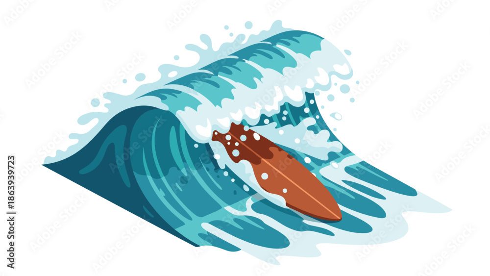 Obraz premium Surfboard riding ocean wave in dynamic flat design