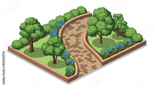 Isometric garden park with trees and pathway in a peaceful green environment